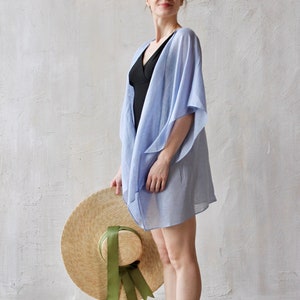 Blue Linen Gauze Kimono Romantic Beachwear Light Summer Vacation Outfit Swimwear Cover-up image 1