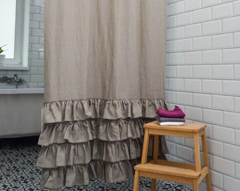 Ruffled Shower Natural Linen Panel - Shabby Chic Ruffled Bathroom Drape - White, Grey, Beige Flax Custom Curtain