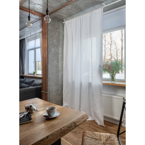 100 % natural linen drapery, curtain with rod pocket and for rings with clips, 66" to 118" length options, sheer window treatment