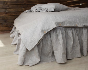 Linen Bed Skirt with Gathered Ruffles and Cotton Decking - Natural Linen, White, Off-white or Grey - Linen Bed Ruffles