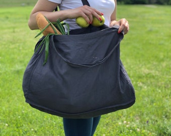 Linen Charcoal Grey Shopping Bag - Large Travel Gym Tote - Organic Casual Women Bag