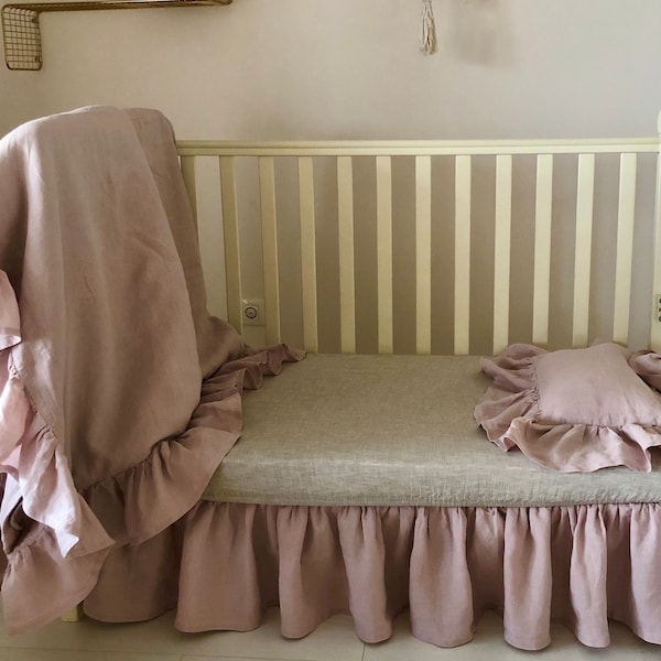 Linen Crib Bedding Set with Ruffles - Set or Single Duvet Cover, Fitted Sheet and Pillowcase - Dusty Rose, Natural Linen and more Colors