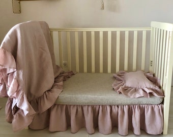 Linen crib bedding set for mini crib - 3 pcs or 4 pcs with ruffled bedskirt