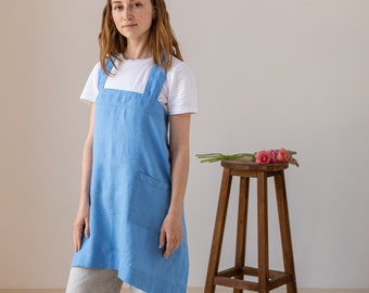 Linen Apron with Pockets - Gift for Mom - 100% Natural Linen Pinafore - S to XXL Sizes