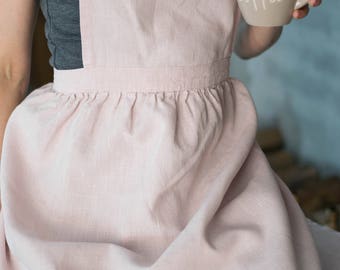 Romantic pink linen apron, women fashion, full women apron, kitchen apron, cozy apron, apron for cooking, housewarming gift for friend