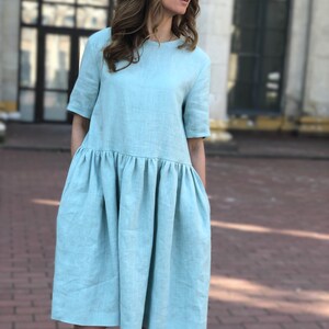 Linen Dress with Pockets Short Sleeves Linen Dress Oversize Linen Dress image 4