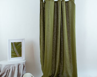 Green Tab Top Linen Curtain Panel - Farmhouse Cottage Style Window Decor and Dressing