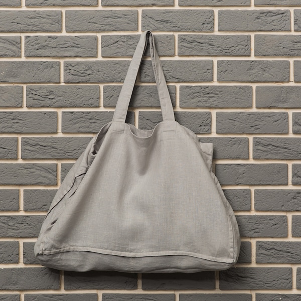 Linen Large Grey Shopper Bag - Big Travel Tote - Reusable Beach Sports Market Linen Tote - Organic Casual Women Bag - Everyday Linen Tote