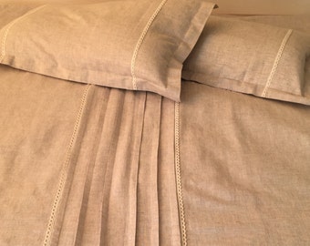 Leinen Bettwäsche 3 teiliges Set mit Plissee und Spitze - Bettbezug+Zwei Kissenbezüge