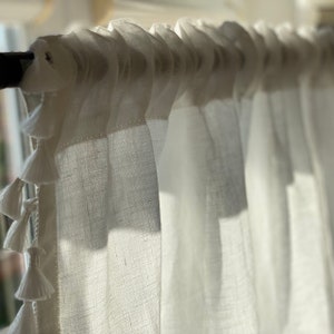 Boho Linen Window Curtain Panel with Tassels - White, Off-white and Natural Linen Colors