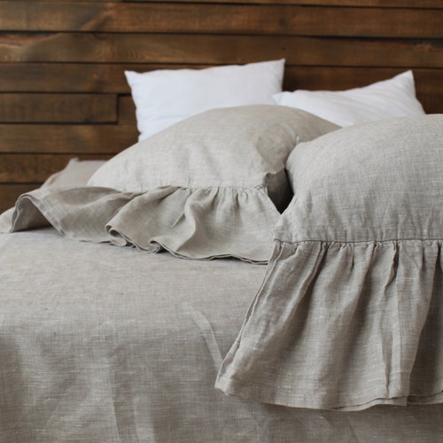 Striped Natural Linen Pillow Case With Long Ruffles Shabby Etsy