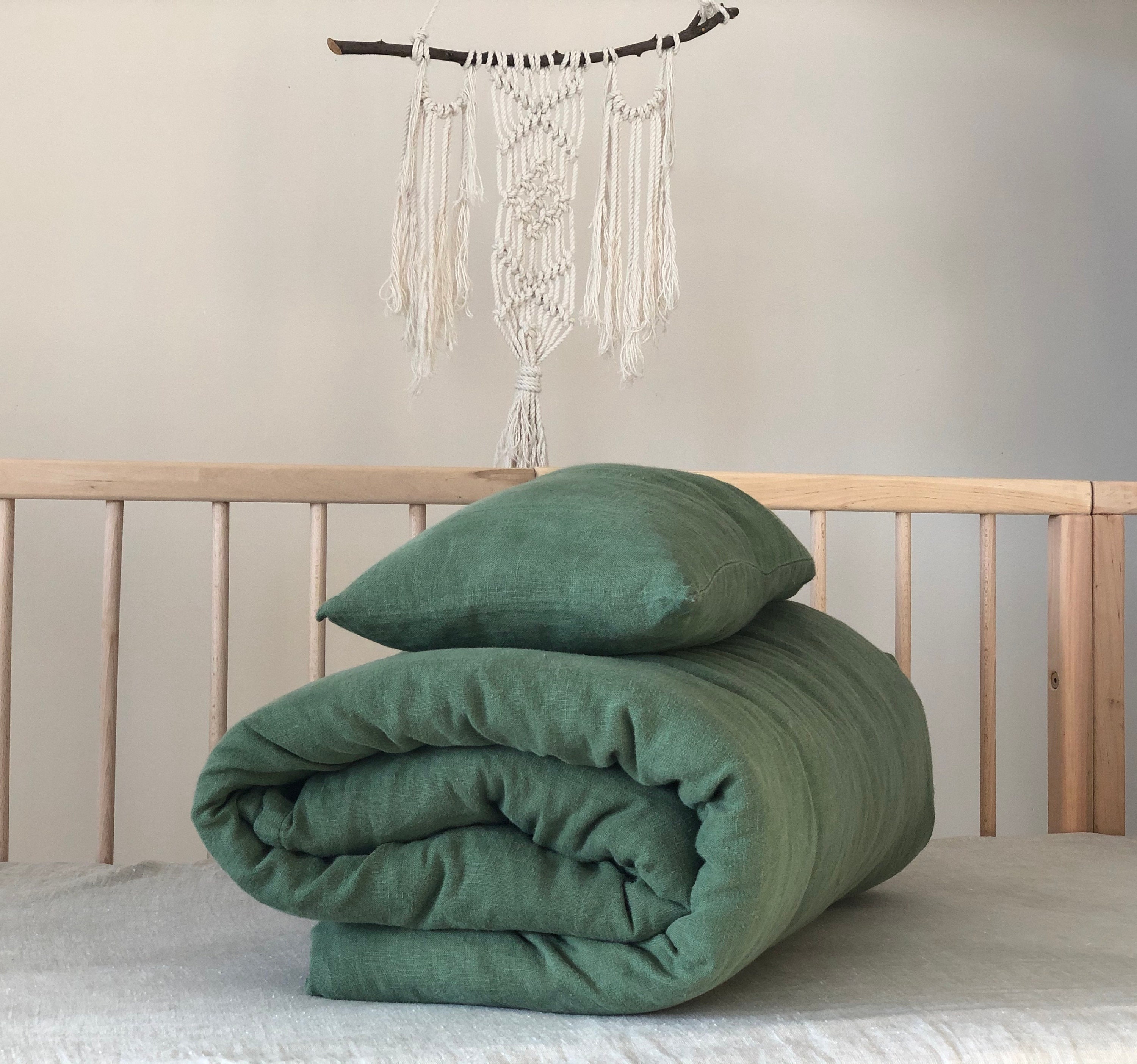 Ensemble de Housse Couette en Lin Pour Bébé et Tout-Petit - Une Une Taie d'oreiller Couleurs Vert Bl