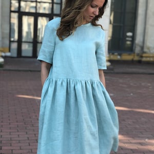 Linen Dress with Pockets Short Sleeves Linen Dress Oversize Linen Dress image 1