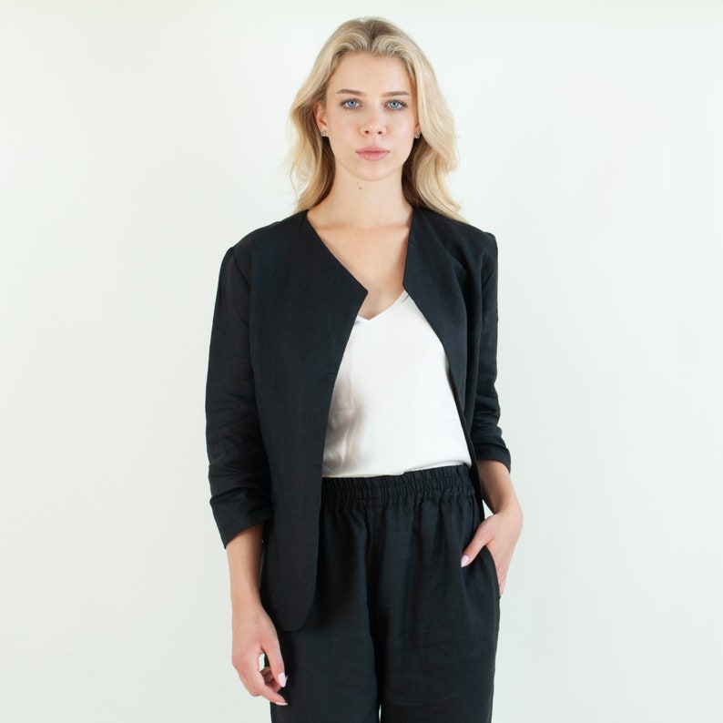 Blazer Femme En Lin Noir image 4