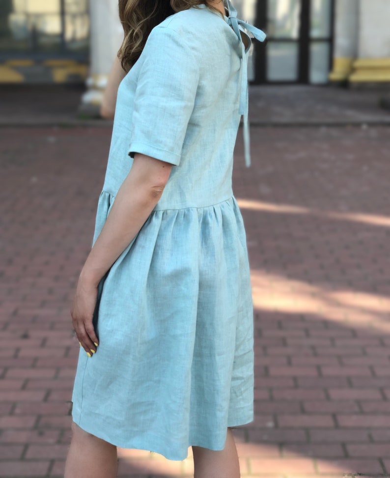 Linen Dress with Pockets Short Sleeves Linen Dress Oversize Linen Dress image 6