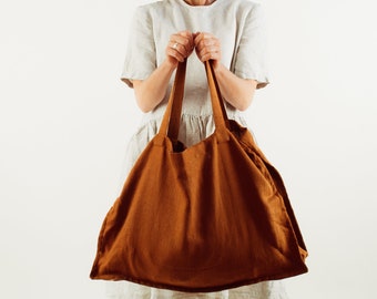 Linen Bag  - Terracotta Shoulder Bag - Shopping Grocery Casual Tote