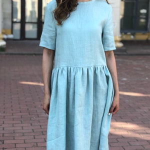 Linen Dress with Pockets Short Sleeves Linen Dress Oversize Linen Dress image 3