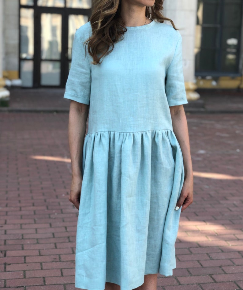 Linen Dress with Pockets Short Sleeves Linen Dress Oversize Linen Dress image 3