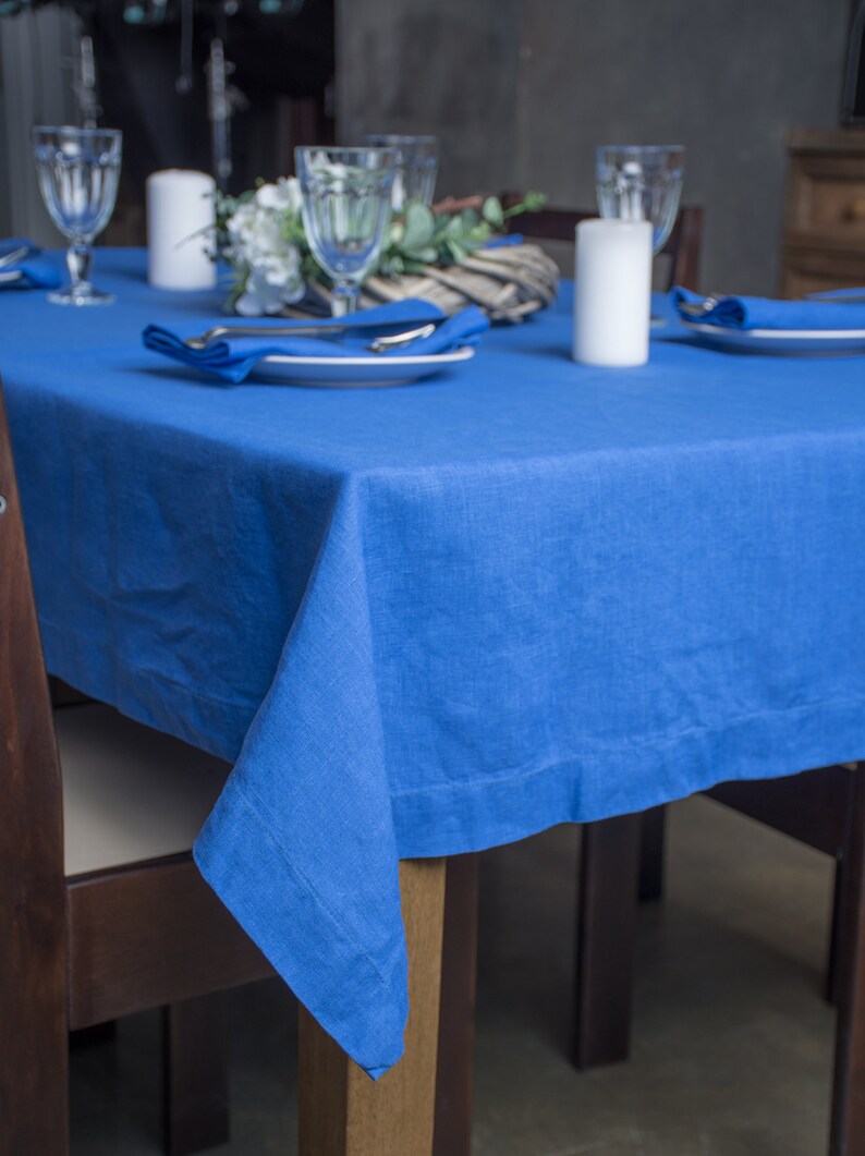 SALE Azure Blue Linen Tablecloth Dining Blue Table Dressing Etsy