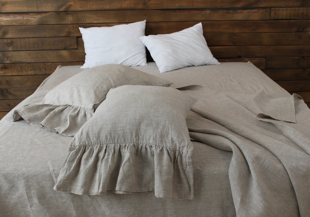 Romantic Linen Bedding Set Ruffled Bed Valance and 2 Pillowcases With Ruffles Dust Ruffle 24