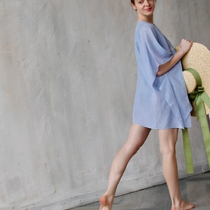 Blue Linen Gauze Kimono Romantic Beachwear Light Summer Vacation Outfit Swimwear Cover-up image 4