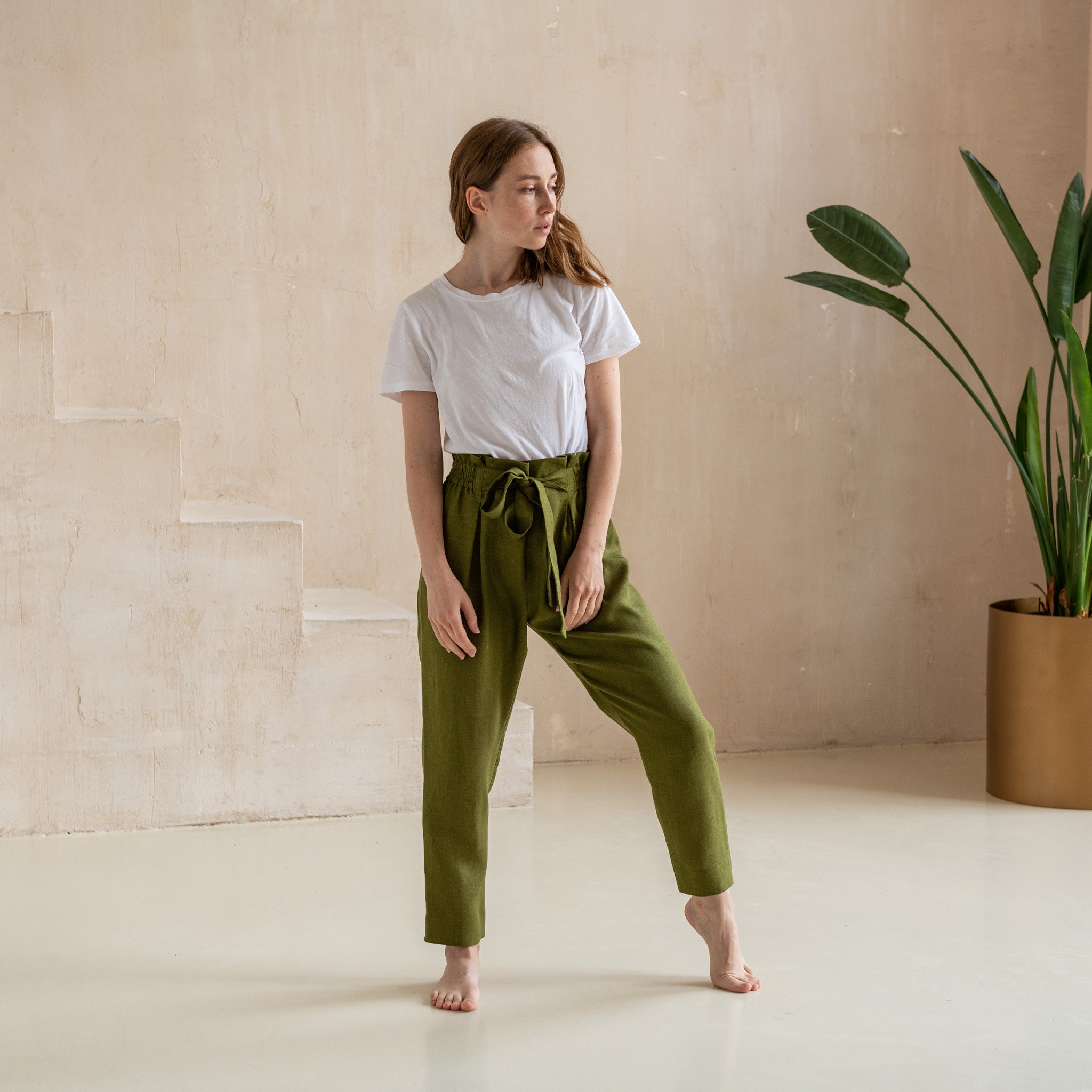 Linen Look Buckle Paperbag Trousers  boohoo