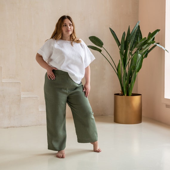 High Rise Linen Wide-leg Pants Plus Size Women Clothing -  Canada