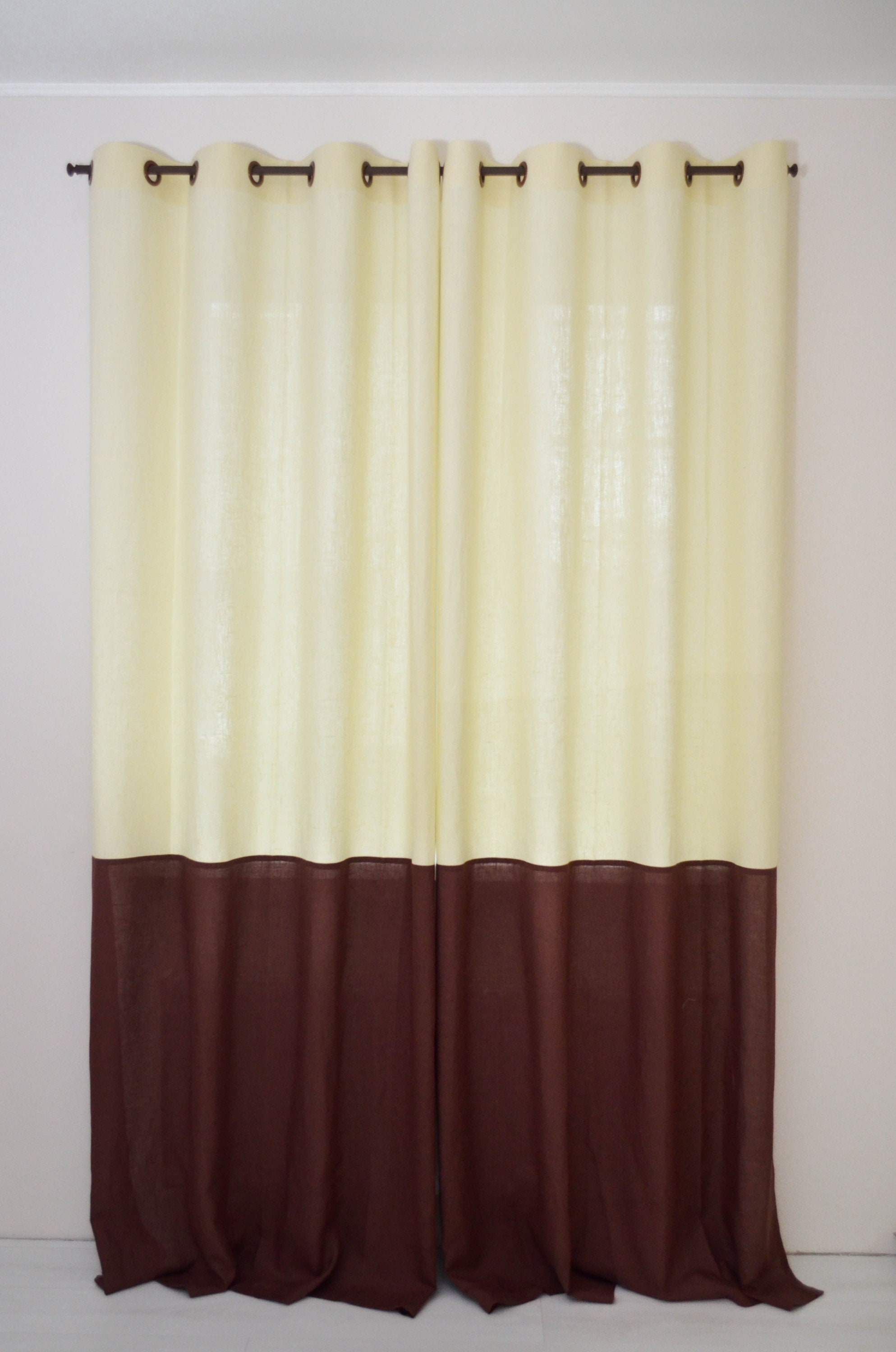 Eyelet Heading Linen Drapery Color Block Curtain Panels Etsy