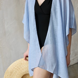 Blue Linen Gauze Kimono Romantic Beachwear Light Summer Vacation Outfit Swimwear Cover-up image 5