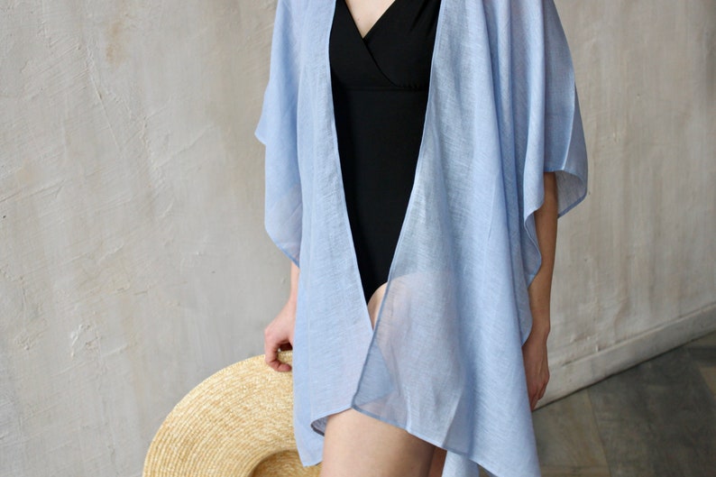 Blue Linen Gauze Kimono Romantic Beachwear Light Summer Vacation Outfit Swimwear Cover-up image 5