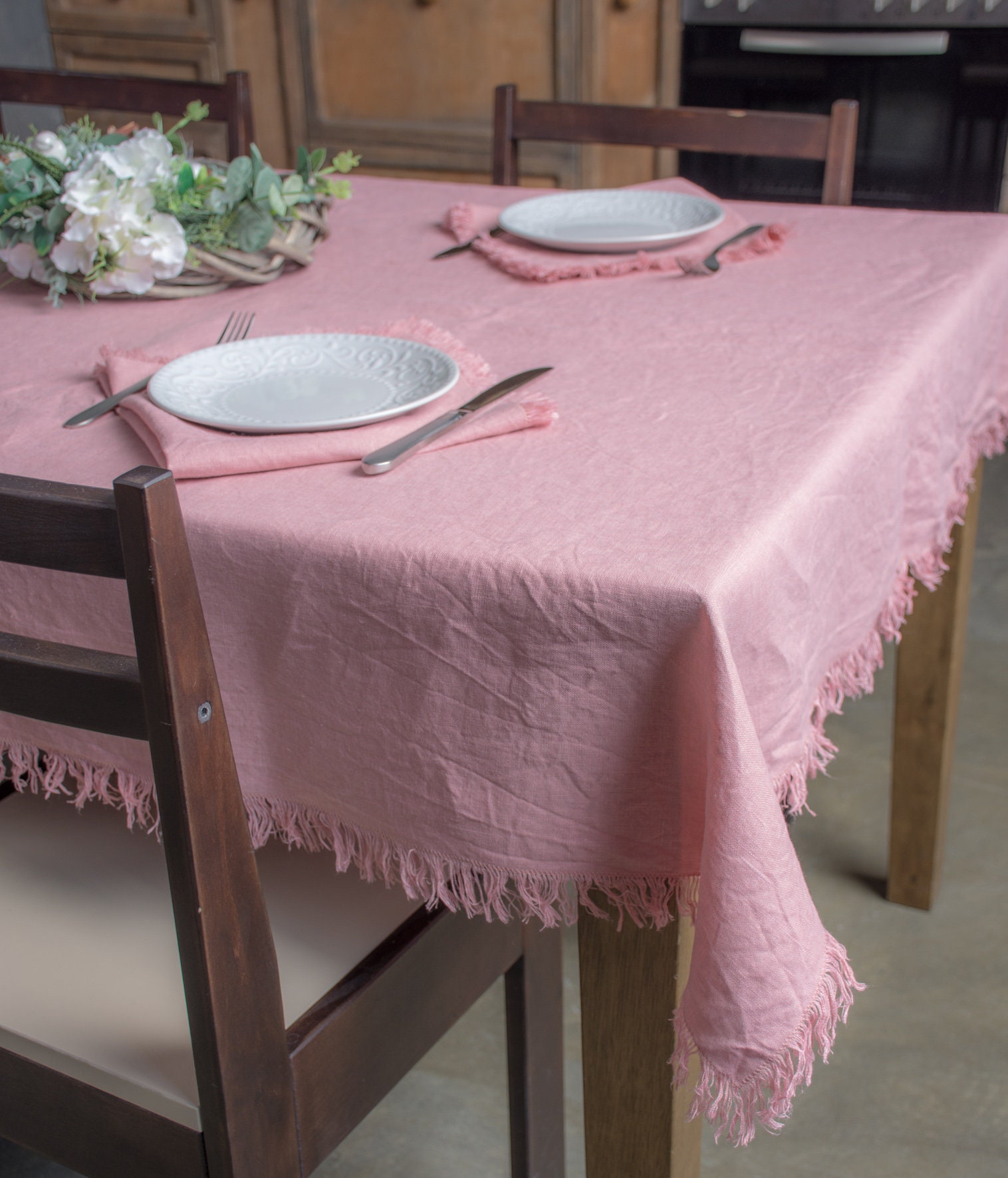 Vente Nappe en Lin Rose avec Frange Bords-Dîner Naturel Table Dressing-Vacances Nappe Lin