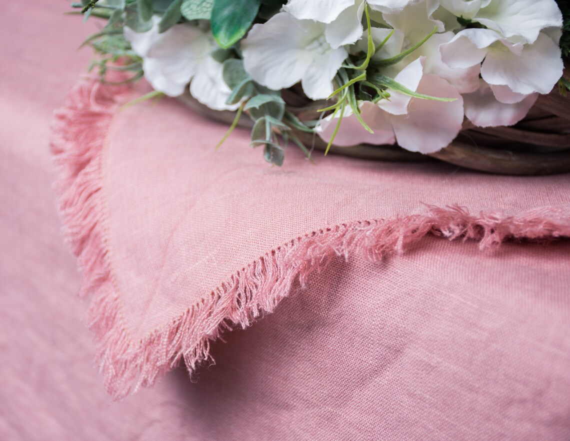 Pink Linen Tablecloth with Fringe Edges Dinner Natural Table Etsy