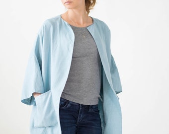 Blue Linen Jacket with Pockets - Oversized Linen Cardigan - Long Olive Linen Coat