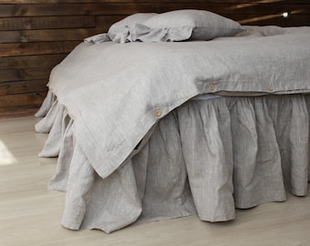 Linen Bed Skirt with Gathered Ruffles and Cotton Decking - Natural Linen Oatmeal, White or Grey Colors