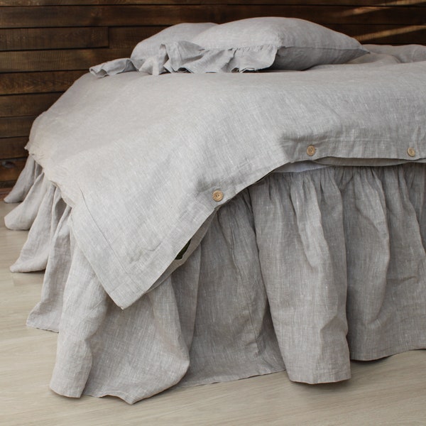 Linen Bed Skirt with Gathered Ruffles and Cotton Decking - Natural Linen Oatmeal, White or Grey Colors