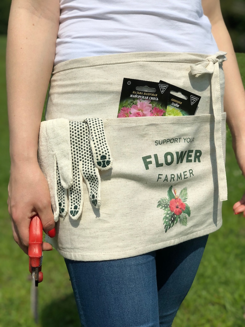 Half Gardening Apron Pinafore with Print and Multiple Pockets Florist Linen Apron