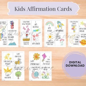 Druckbare Affirmationskarten für Kinder mit bunten Bildern | Positives Denken & Motivationszitate | Sofort Download für deine Morgen-Routine