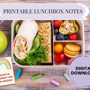 Druckbare Lunchbox Notizen für Kinder | 24 süsse & inspirierende Karten | 16 Vorgeschriebene + 8 Blanko für Persönliche Nachrichten | 6,5x9cm