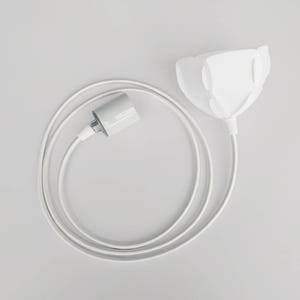 May include: White pendant light cord with a white ceramic socket and a white fabric shade.