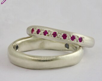 Black Diamond and Ruby White Gold Engagement and Wedding Ring Set