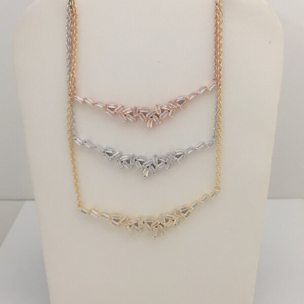 CZ Baguette Bar Necklace - Rhodium or 14K Gold Plated Sterling Silver