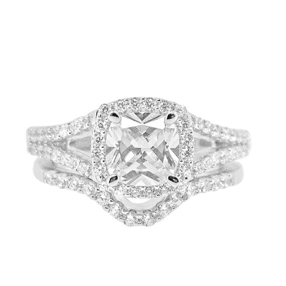 1 5 Carat Cushion Cut Cz Halo Engagement Rings Split Shank Etsy