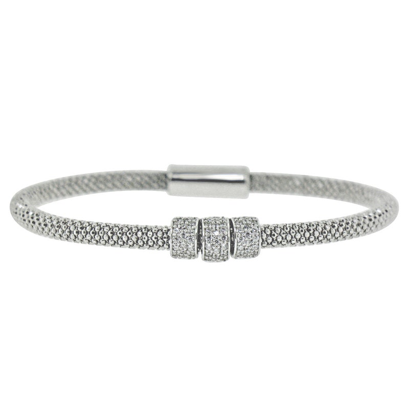 Micro Pave CZ Bangle Gold Plated Rhodium Finish Italian Wire Mesh Bracelet with 3 Cubic Zirconia Beads