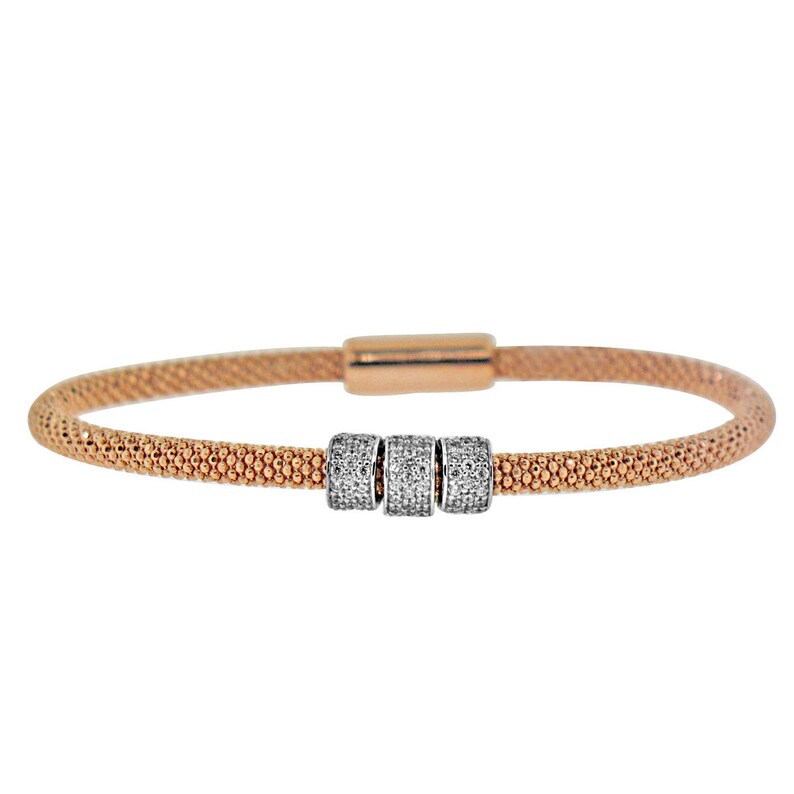 Micro Pave CZ Bangle Gold Plated Rhodium Finish Italian Wire Mesh Bracelet with 3 Cubic Zirconia Beads