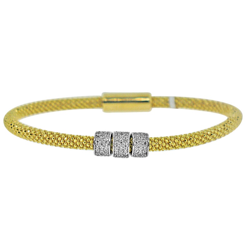 Micro Pave CZ Bangle Gold Plated Rhodium Finish Italian Wire Mesh Bracelet with 3 Cubic Zirconia Beads