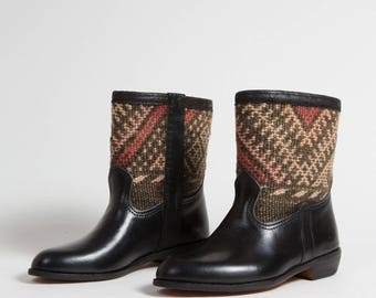 Kilim Craft Boots Black Pastel - Women - Real Calf Leather - Authentic Kilim Berberus Vintage Carpet - (Ref. RPN11-38)