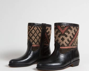 Kilim Craft Boots Black Pastel - Women - Real Calf Leather - Authentic Kilim Berberus Vintage Carpet - (Ref. RPN9-38)