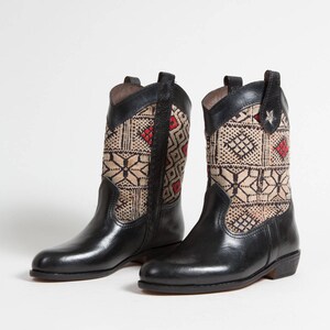Black Craft Kilim Boots - Women&#39;s True Calf Leather - Authentic Kilim Berberus Vintage Carpet - (Ref. MN2-37)