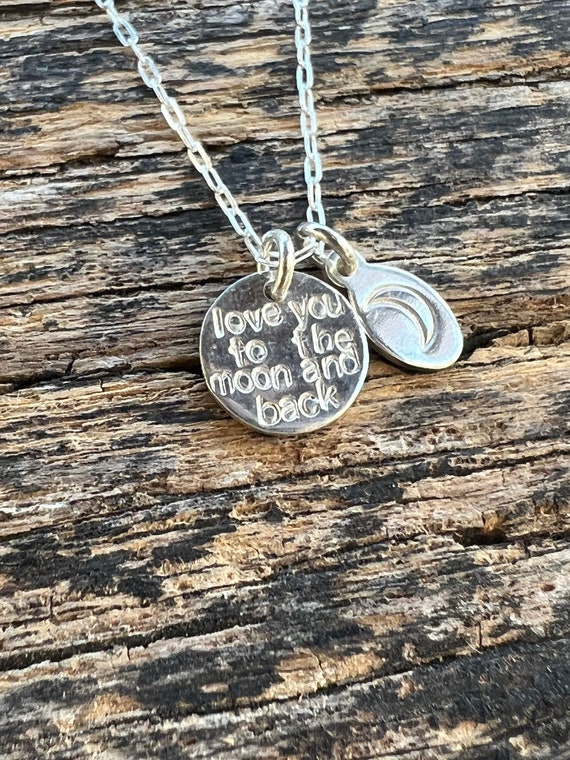 Love you to the moon and back charm necklace with moon charm in sterling silver