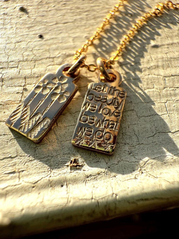 Let the Beauty We Love Necklace • Tiny Wildflower Charm • Inspiring Rumi Quote Jewelry • Gold Fill or Sterling Silver small rectangle charms